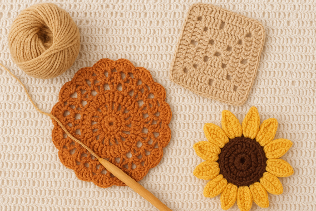 Crocheted items including a sunflower, doily, and square on a textured beige surface.